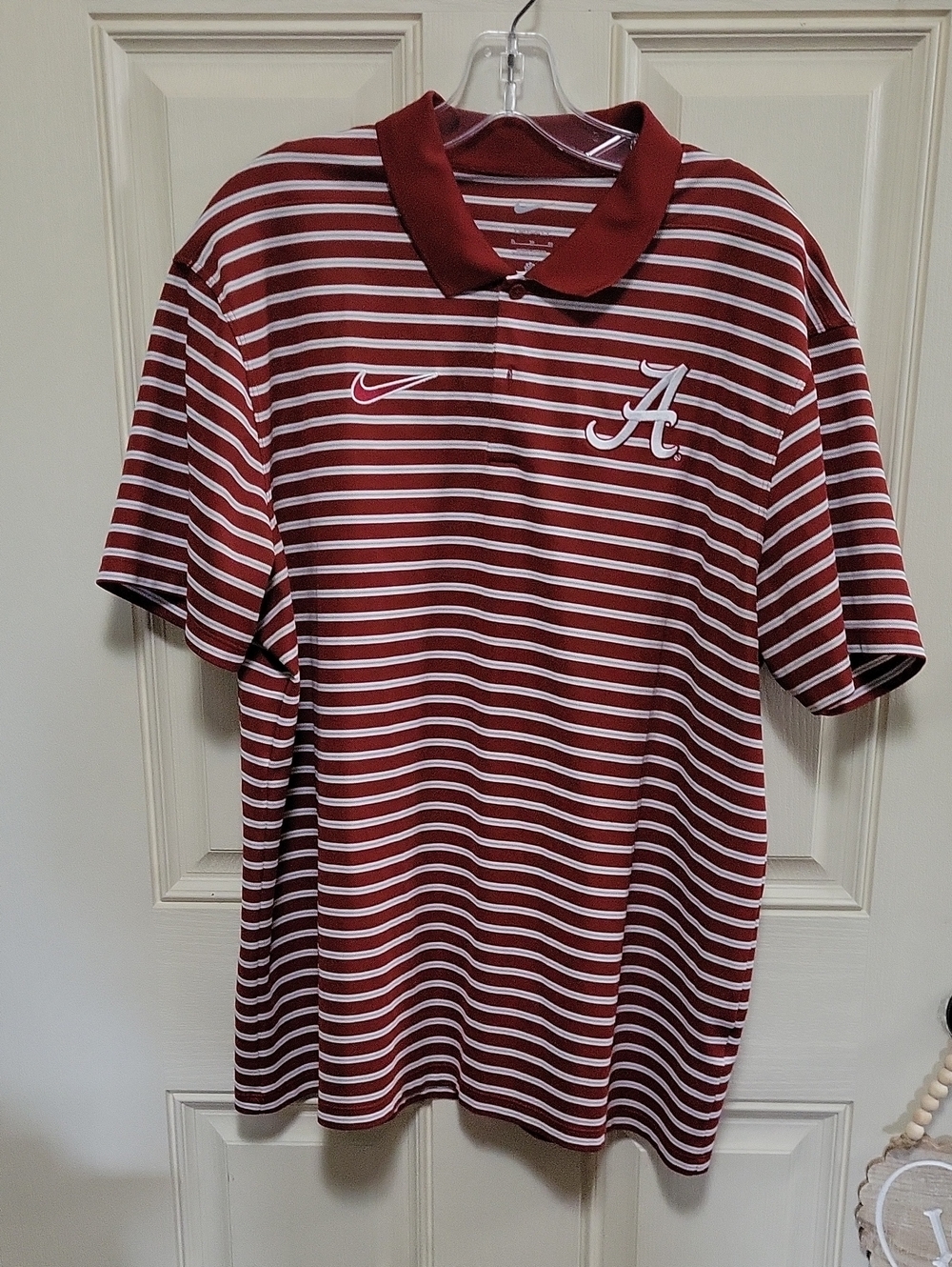 Nike Men's Crimson and White Striped Polo with University of Alabama 'A' Logo